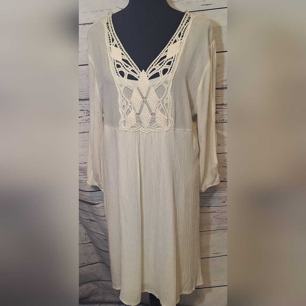 Naïf Boho Crochet V-Neck Dress Slit Sleeve Flowy Cream XL #2015 - Picture 2 of 10